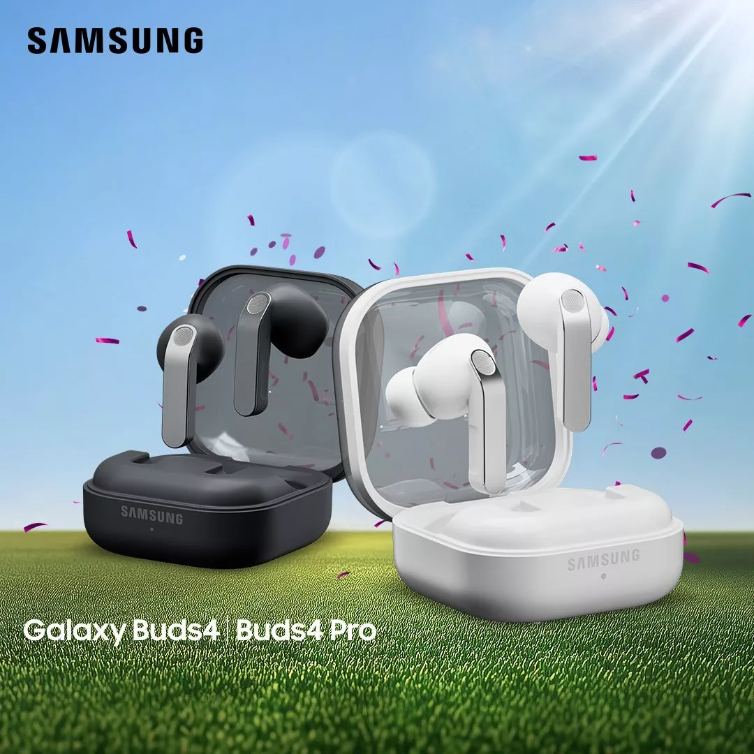 Samsung Galaxy Buds4 Pro wireless earbuds in open charging case, front view product image on light grey background