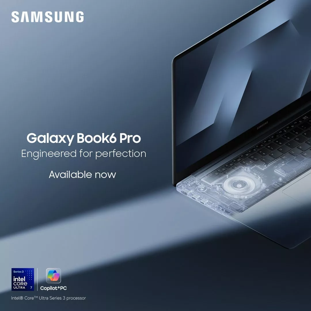 Samsung Galaxy Book6 Pro laptop advert with blue design, Intel Core Ultra badge and “Available now” text