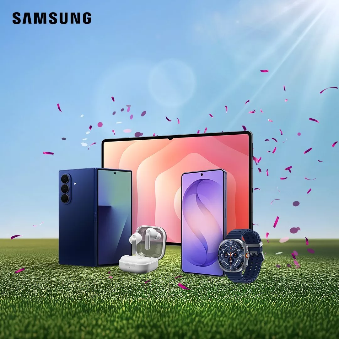 Samsung Galaxy devices bundle with tablet, foldable phone, earbuds and smartwatch on grass with confetti backdrop