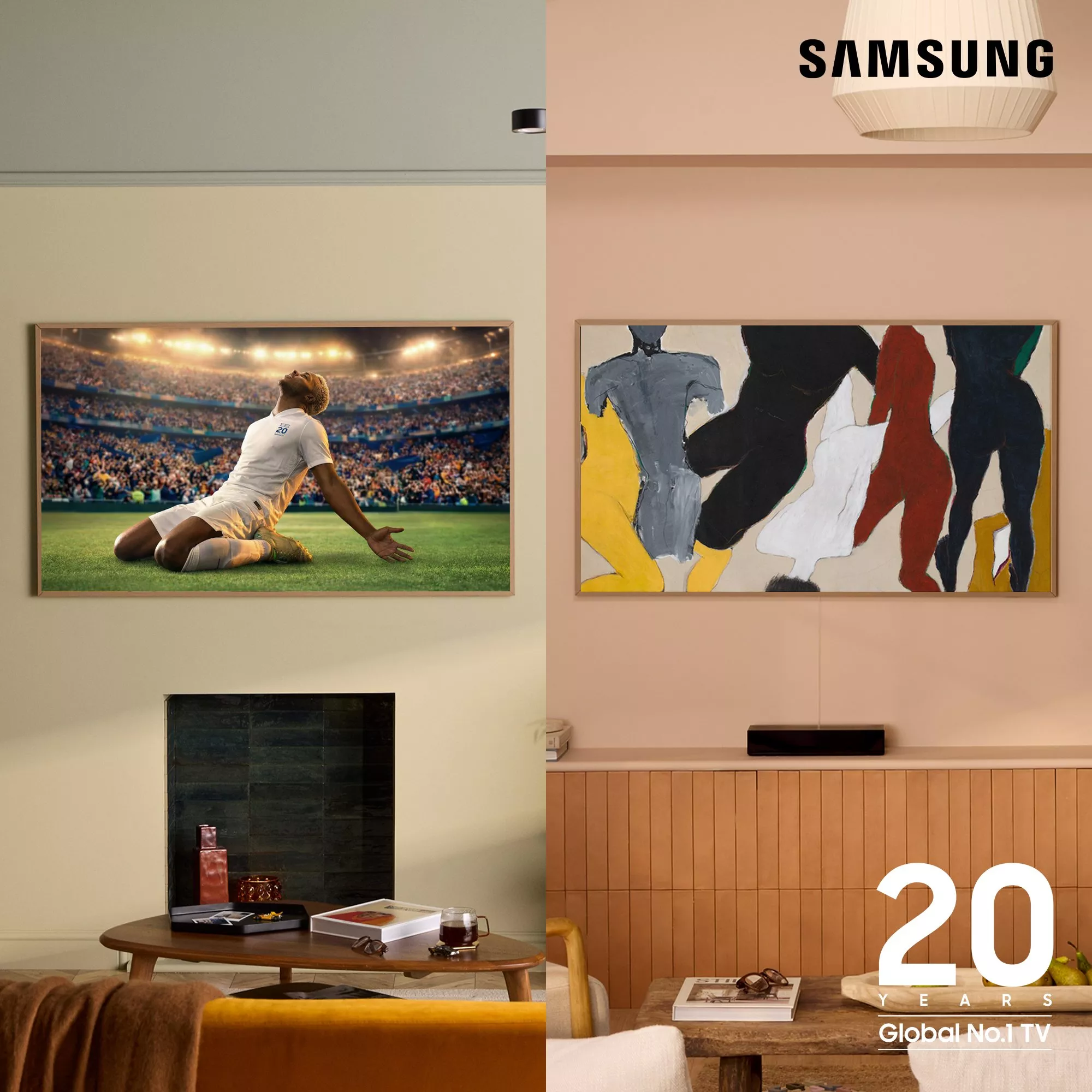 Samsung TV with colourful screen and a music frame next to it