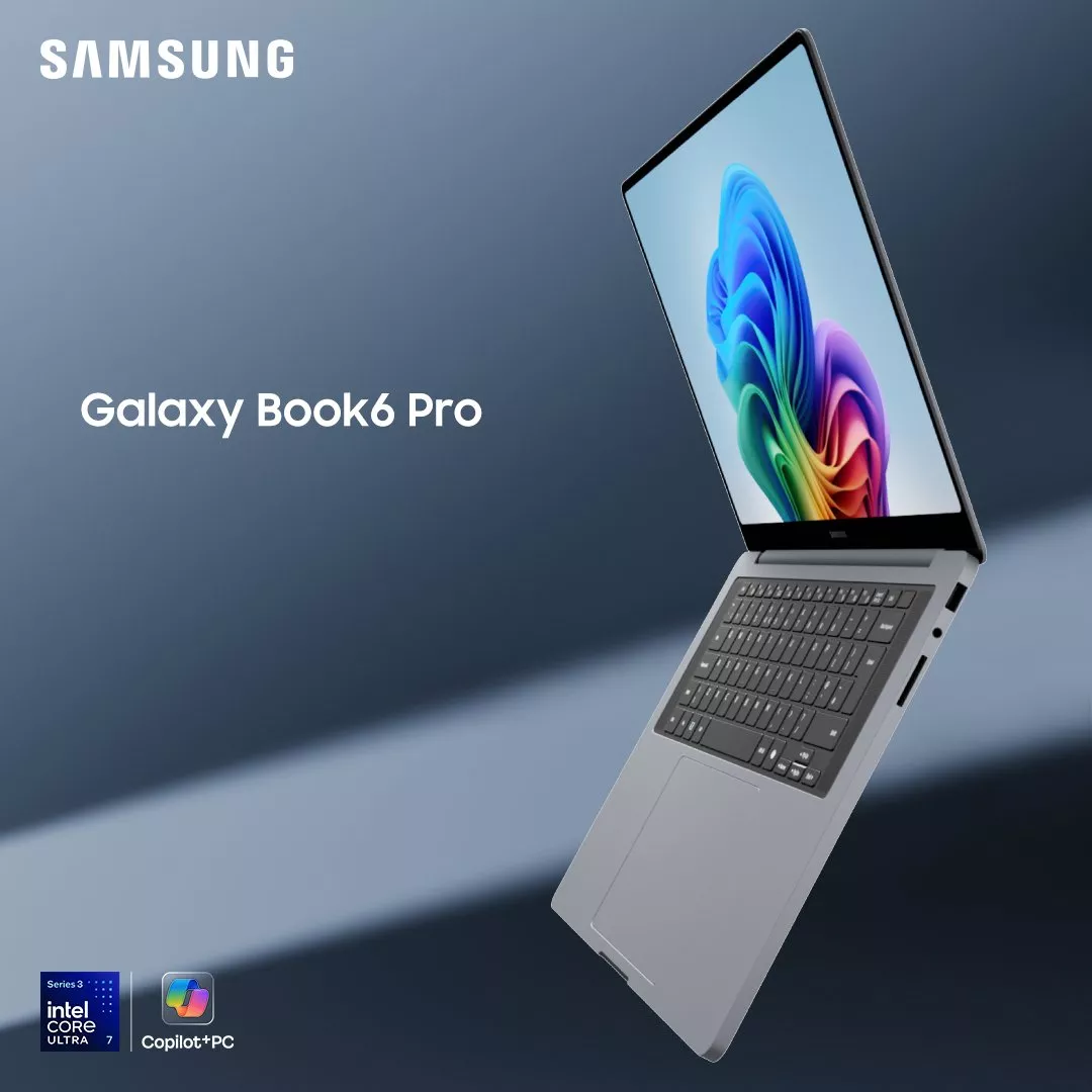 Samsung Galaxy Book6 Pro laptop advert with blue design, Intel Core Ultra badge and “Available now” text