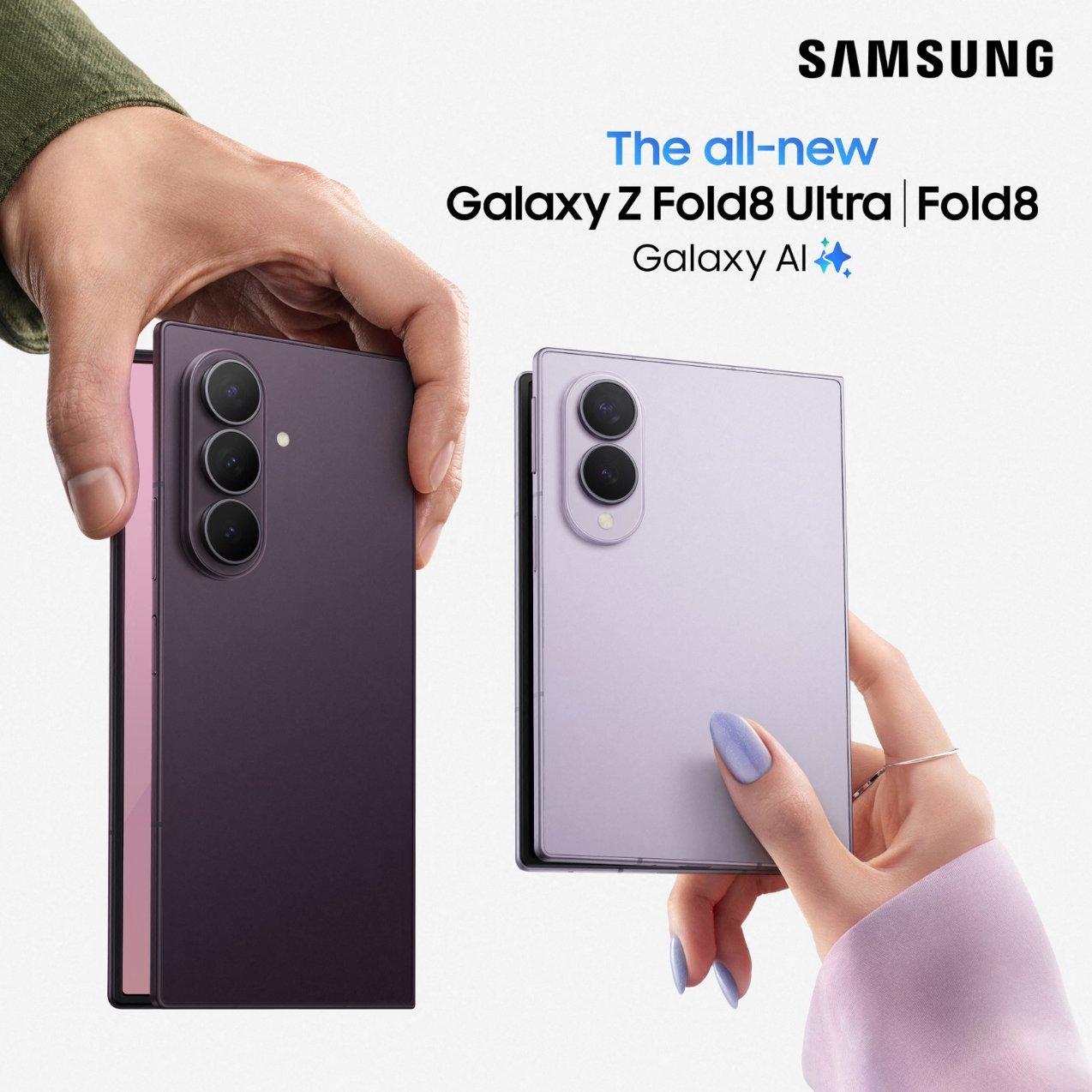 Promotional graphic for "The all-new Galaxy Z Fold8 Ultra | Fold8 Galaxy AI" by Samsung, showing hands holding dark purple and light violet foldable smartphones.