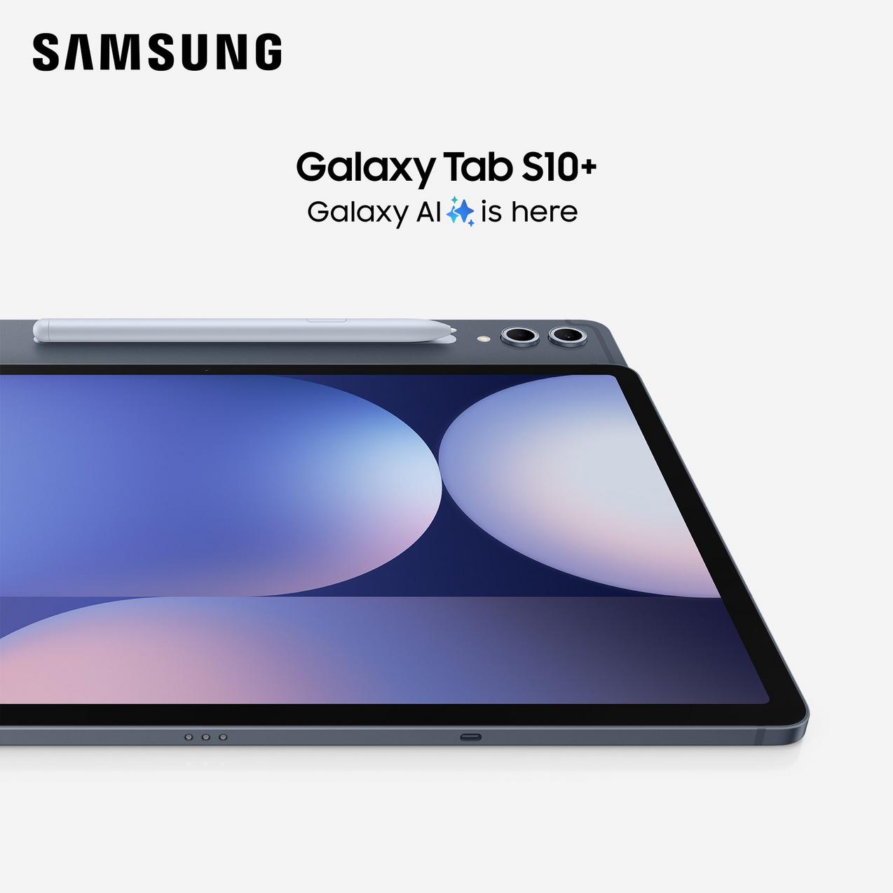 Samsung Galaxy Tab S10+ with S Pen attached, displaying a abstract wallpaper, with text reading "Samsung Galaxy Tab S10+ Galaxy AI is here."