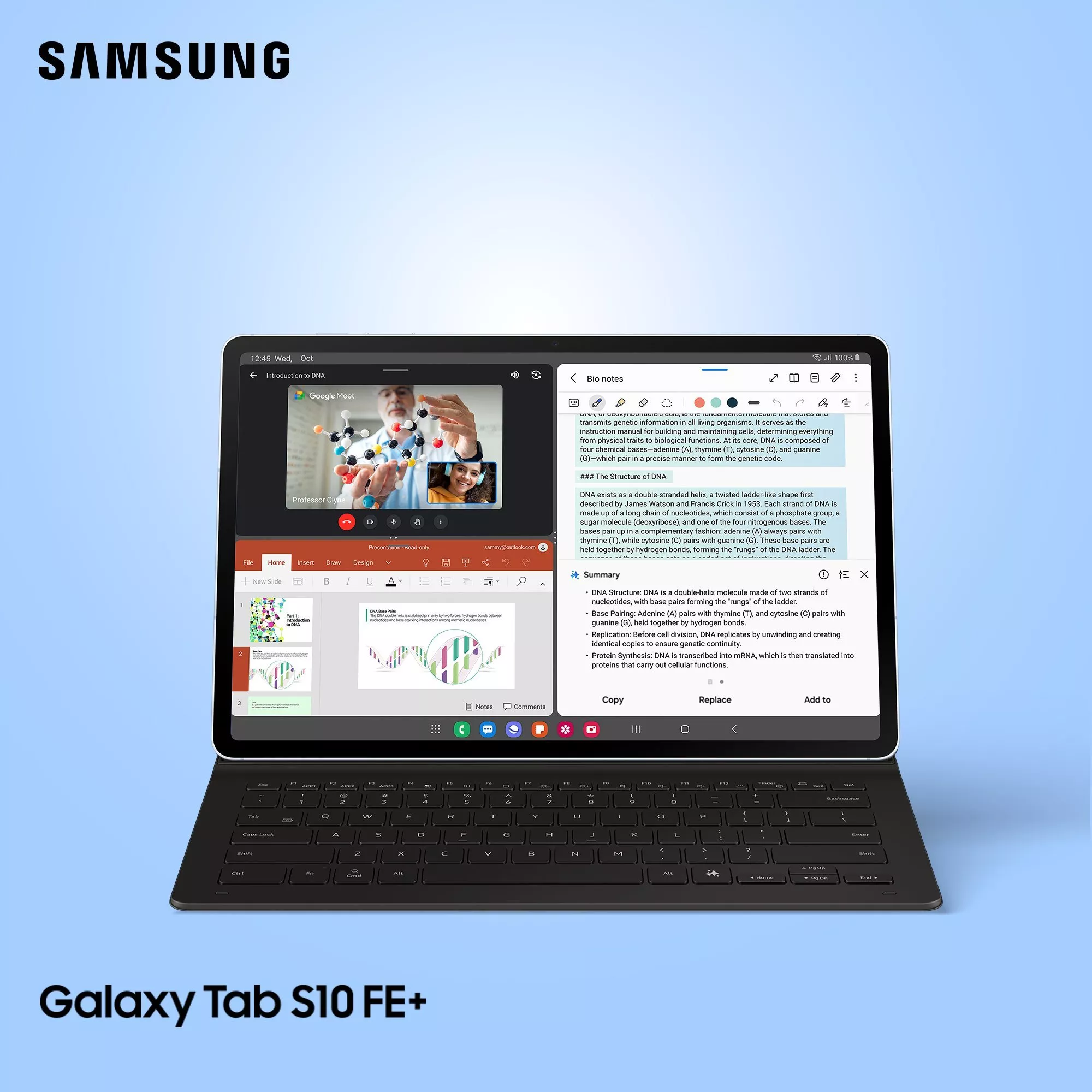 Samsung Galaxy Tab S10 FE+ with keyboard cover, showing split-screen video call and note-taking apps on display