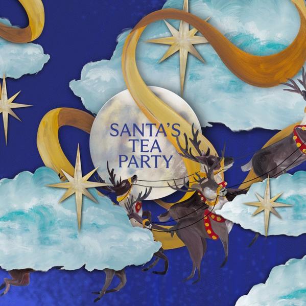 Santa’s Tea Party festive poster with Santa in sleigh, star and clouds, and bold event title text.