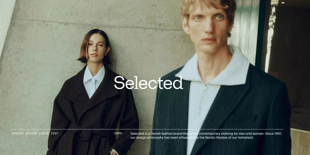 This is banner for Selected with two models standing next to a pillar