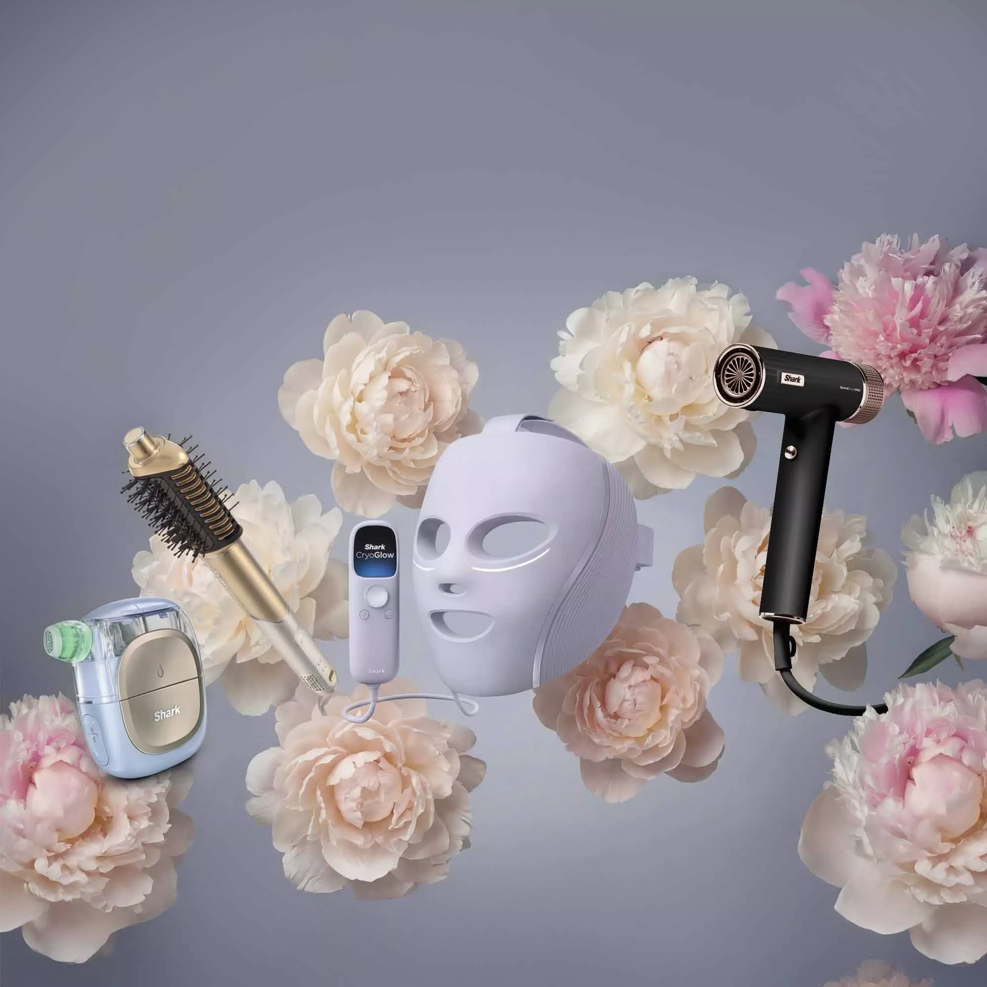 Beauty tools set against a floral backdrop, including a hairdryer, brush, and skincare devices. Elegant and modern.