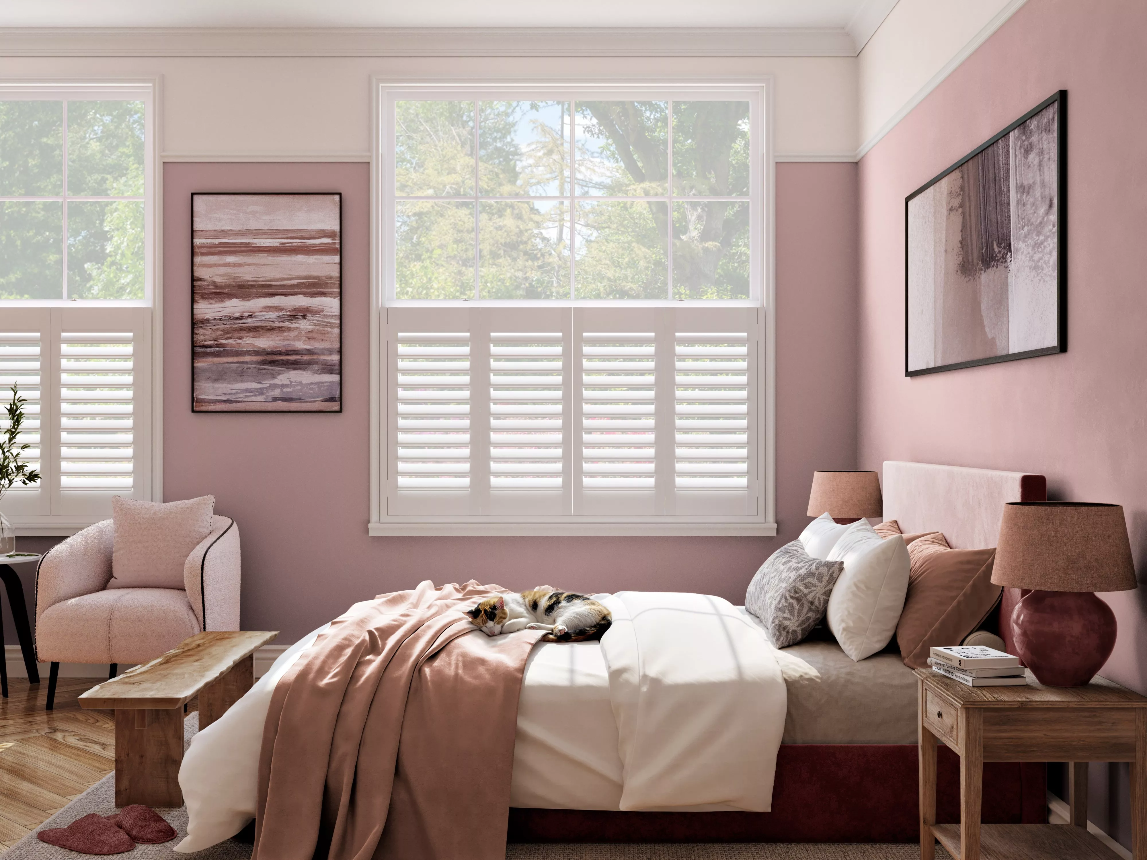 Bedroom with pink walls and windows that have shutters on the bottom half