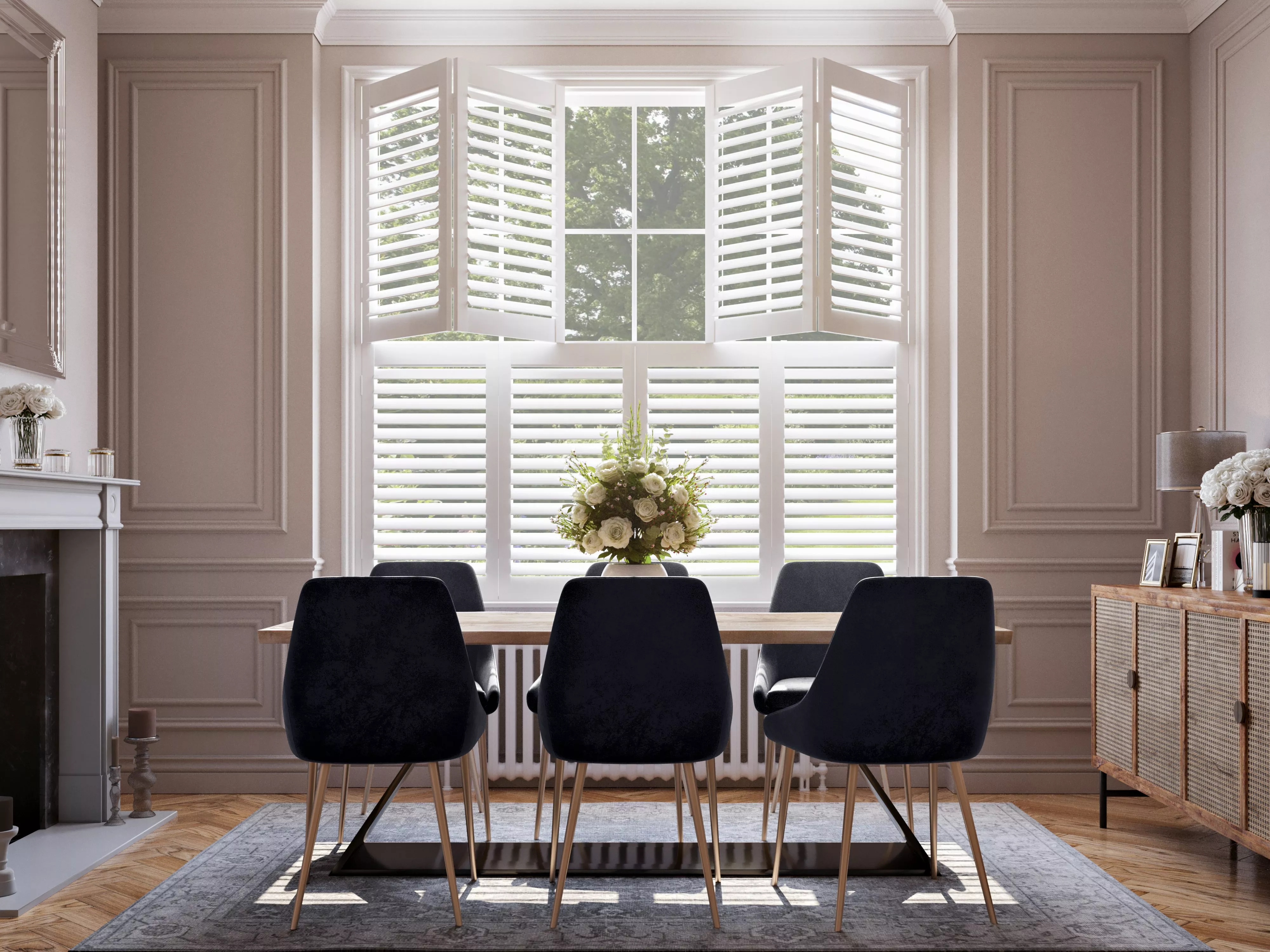 Dining room with white tiered shutters 