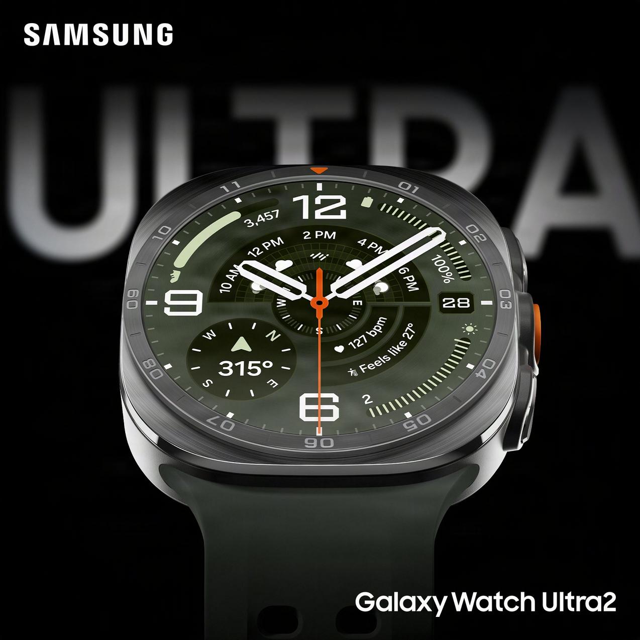 The new Galaxy Watch Ultra 2 enlarged on a black blackground