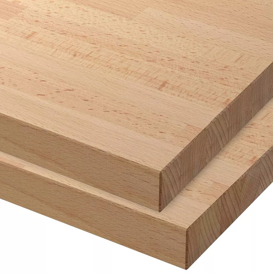Close-up of two solid beech wood boards, planed and sanded, showing smooth grain for joinery and furniture making