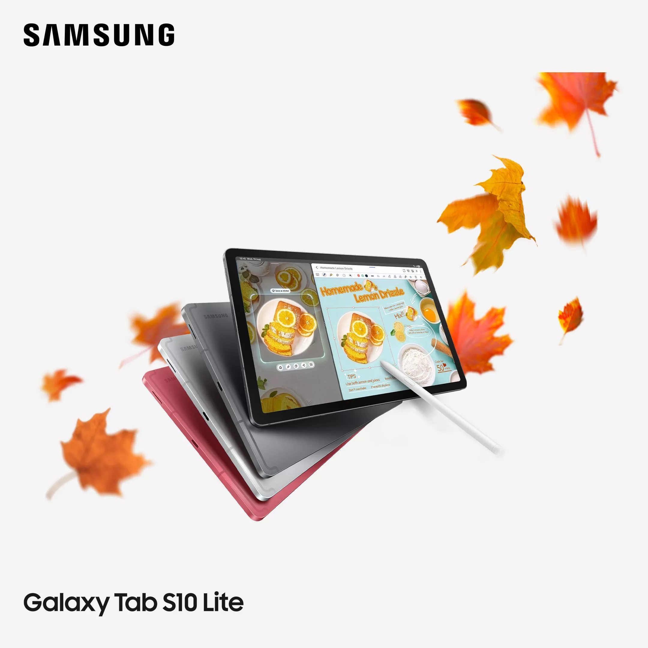 A stack of Samsung Galaxy Tab S10 Lite tablets in red, silver, and dark gray surrounded by falling autumn leaves, displaying a recipe app with a white S Pen resting nearby.
