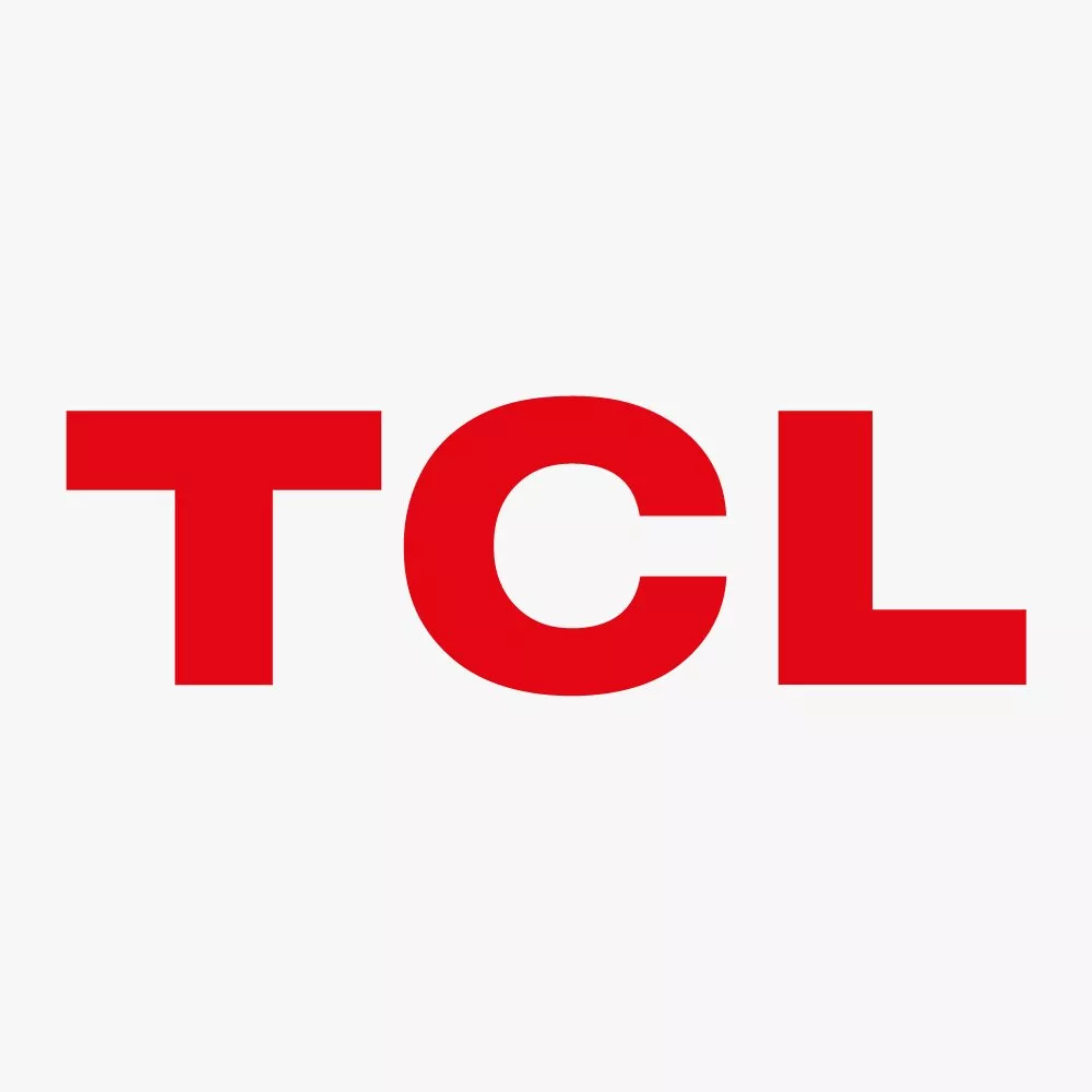 TCL logo in bold red letters on a white background, brand identity graphic for electronics and smart TVs