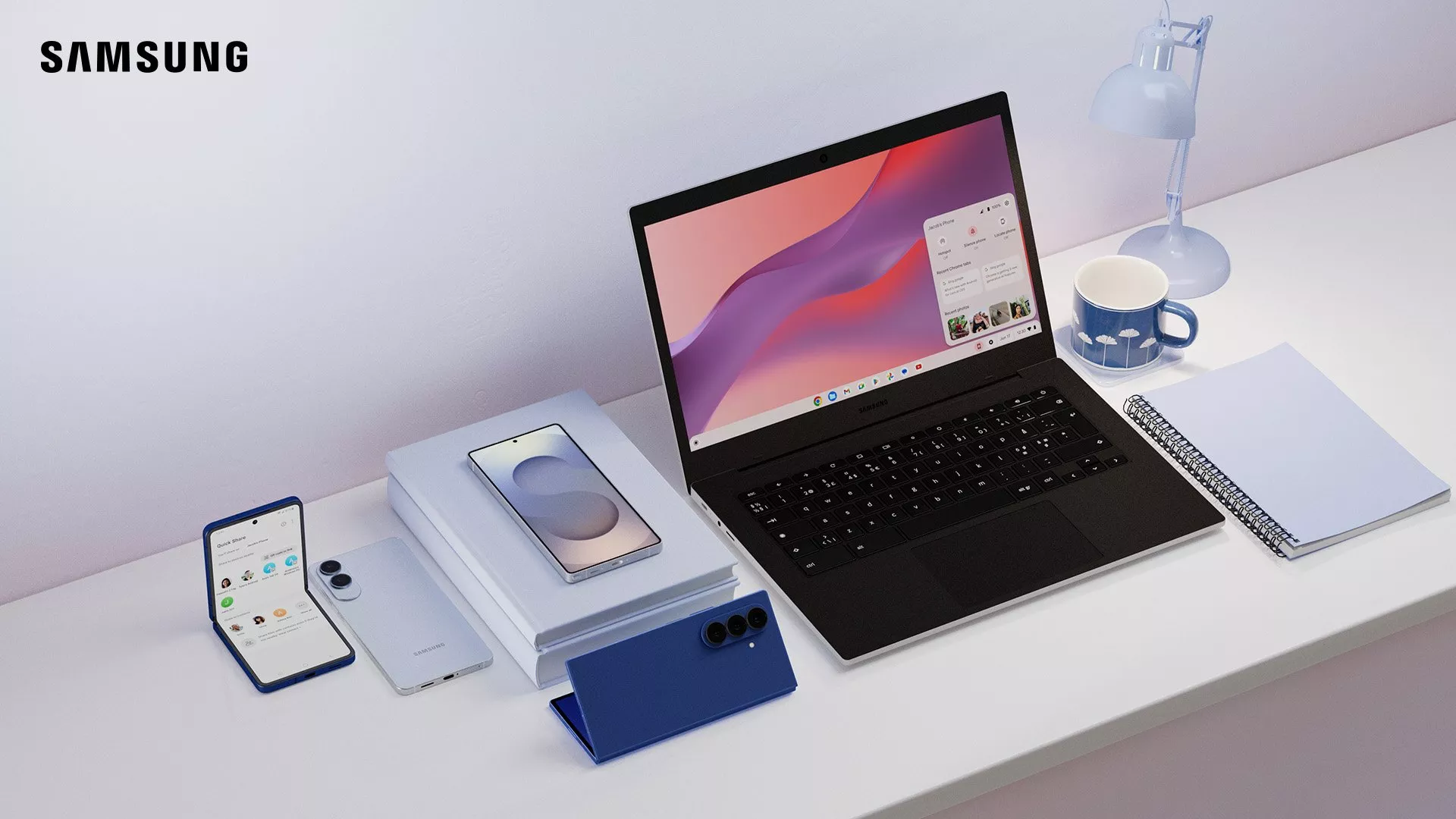 Samsung Galaxy laptop with foldable phone and tablets on a tidy desk, showing connected ecosystem workspace setup