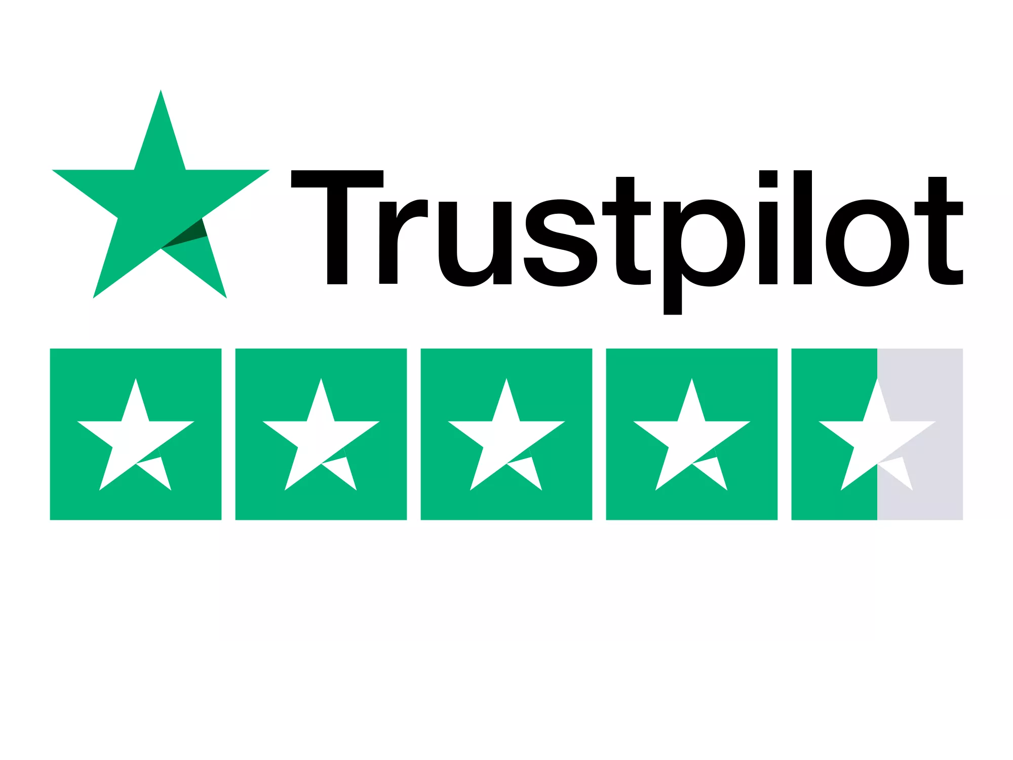 Trustpilot logo with five-star rating graphic, showing four full green stars and a half star on white background