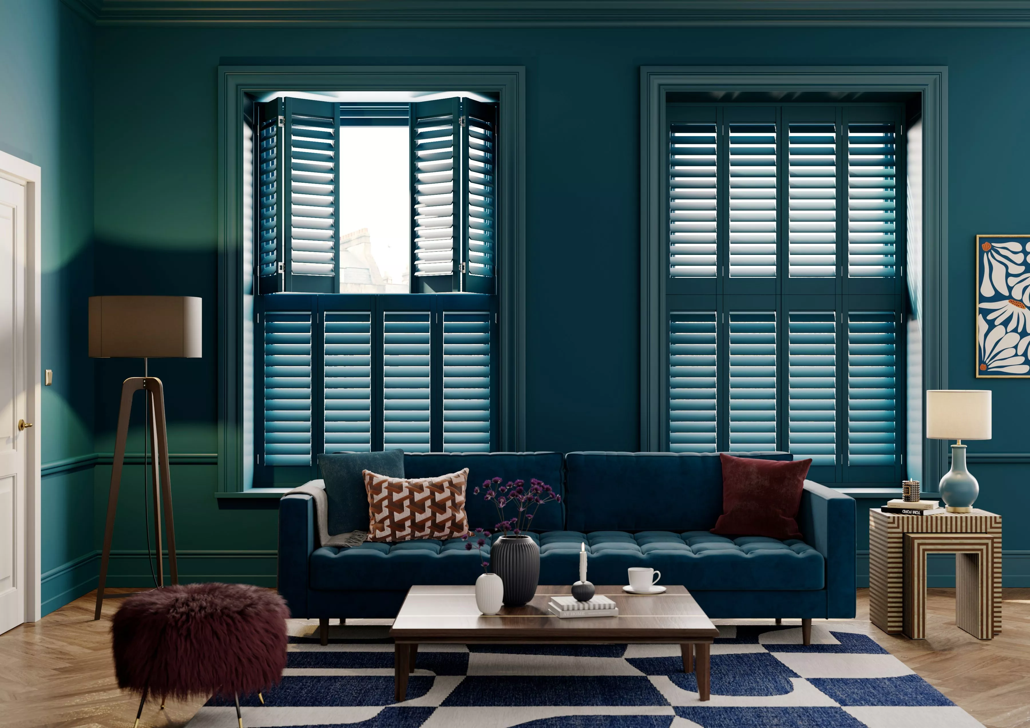 Living room painted blue with shutters the same colour