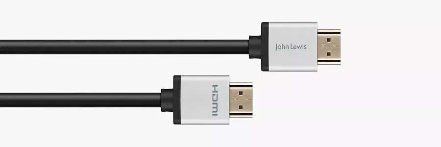 Black HDMI cable with silver connectors, one labelled "John Lewis" and the other "HDMI", on a white background.
