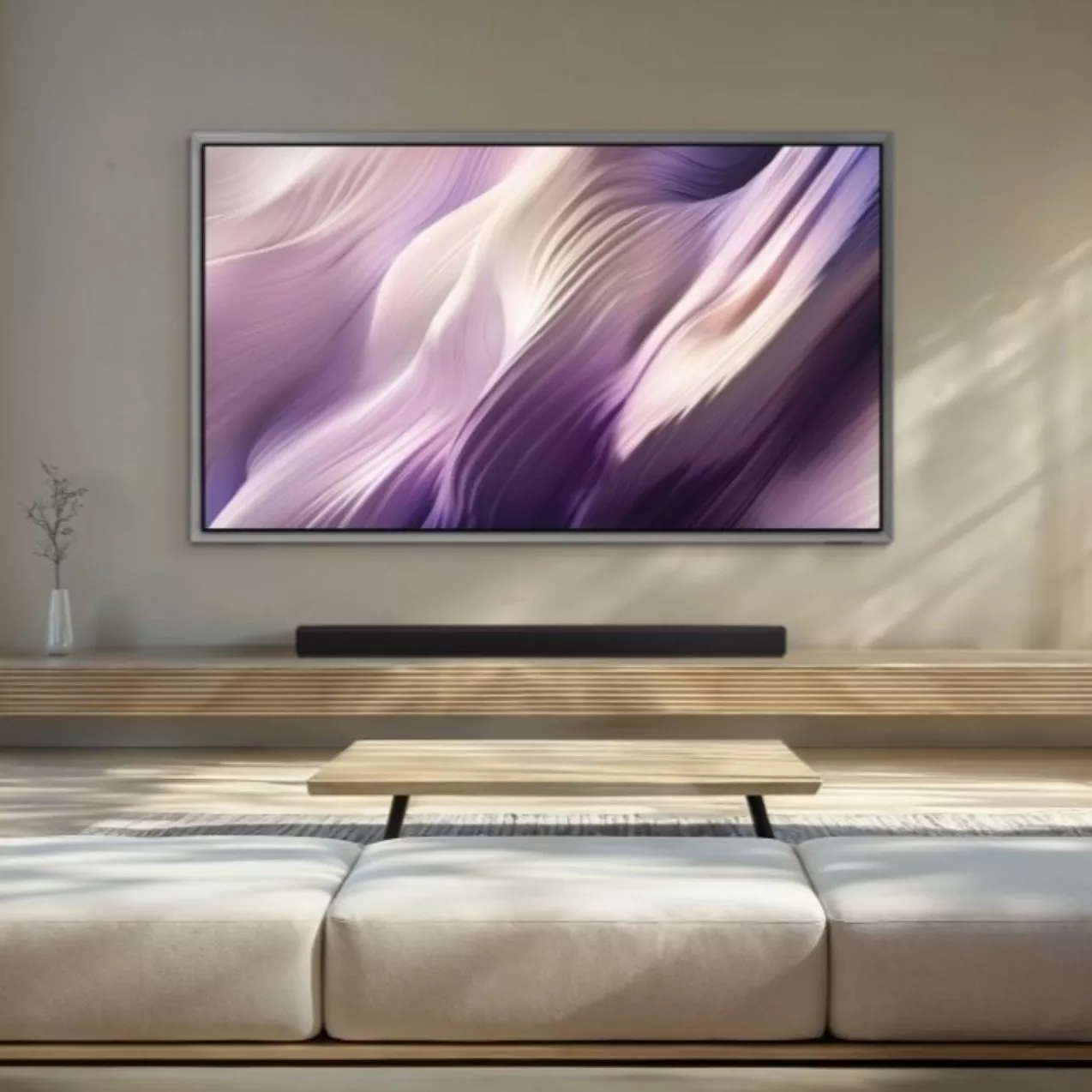 A wall-mounted TV displaying abstract purple and beige flowing waves above a black soundbar on a floating wooden shelf in a minimalist living room.