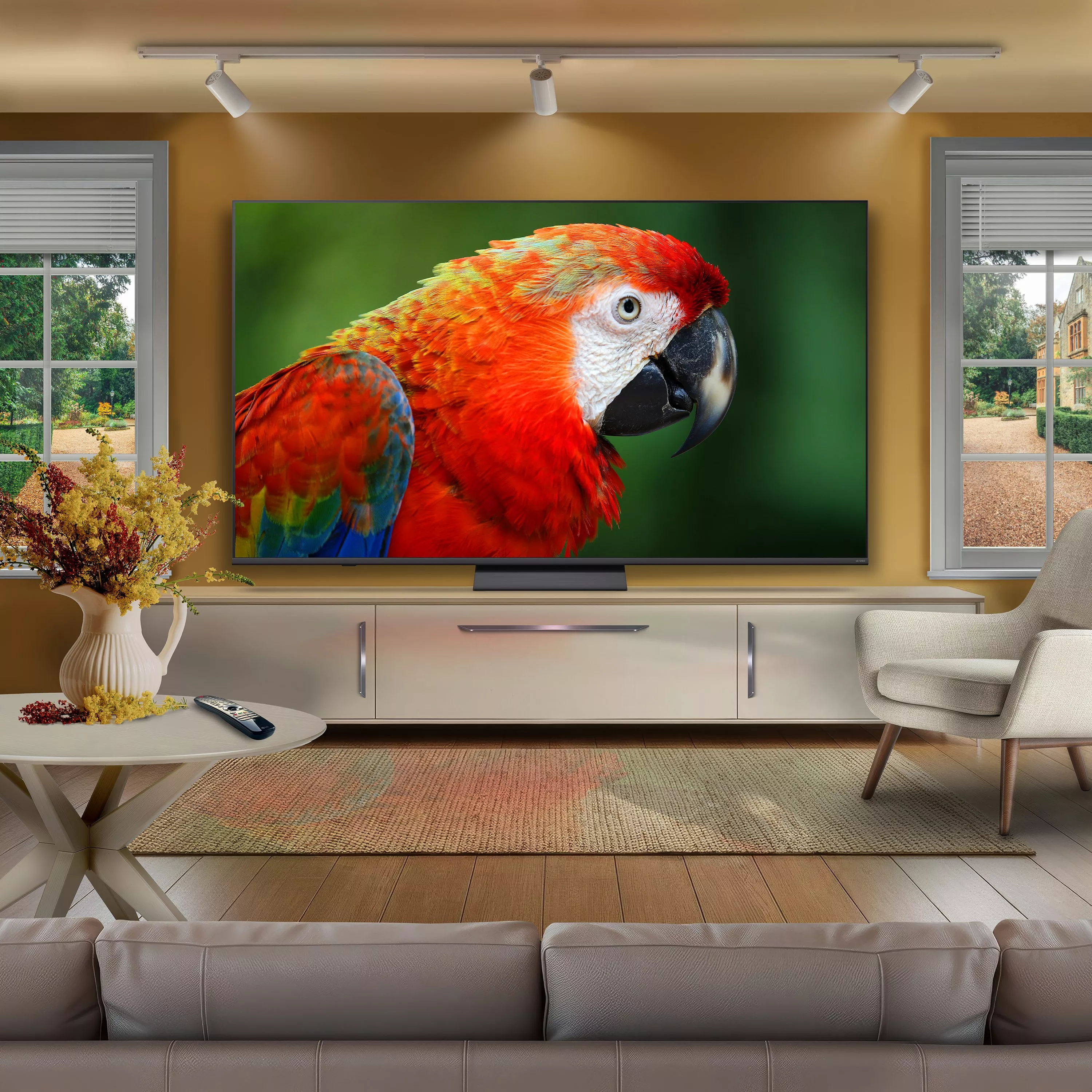 A large TV displaying a colorful red, orange, and green macaw sitting on a white console table in a warm, cozy living room.