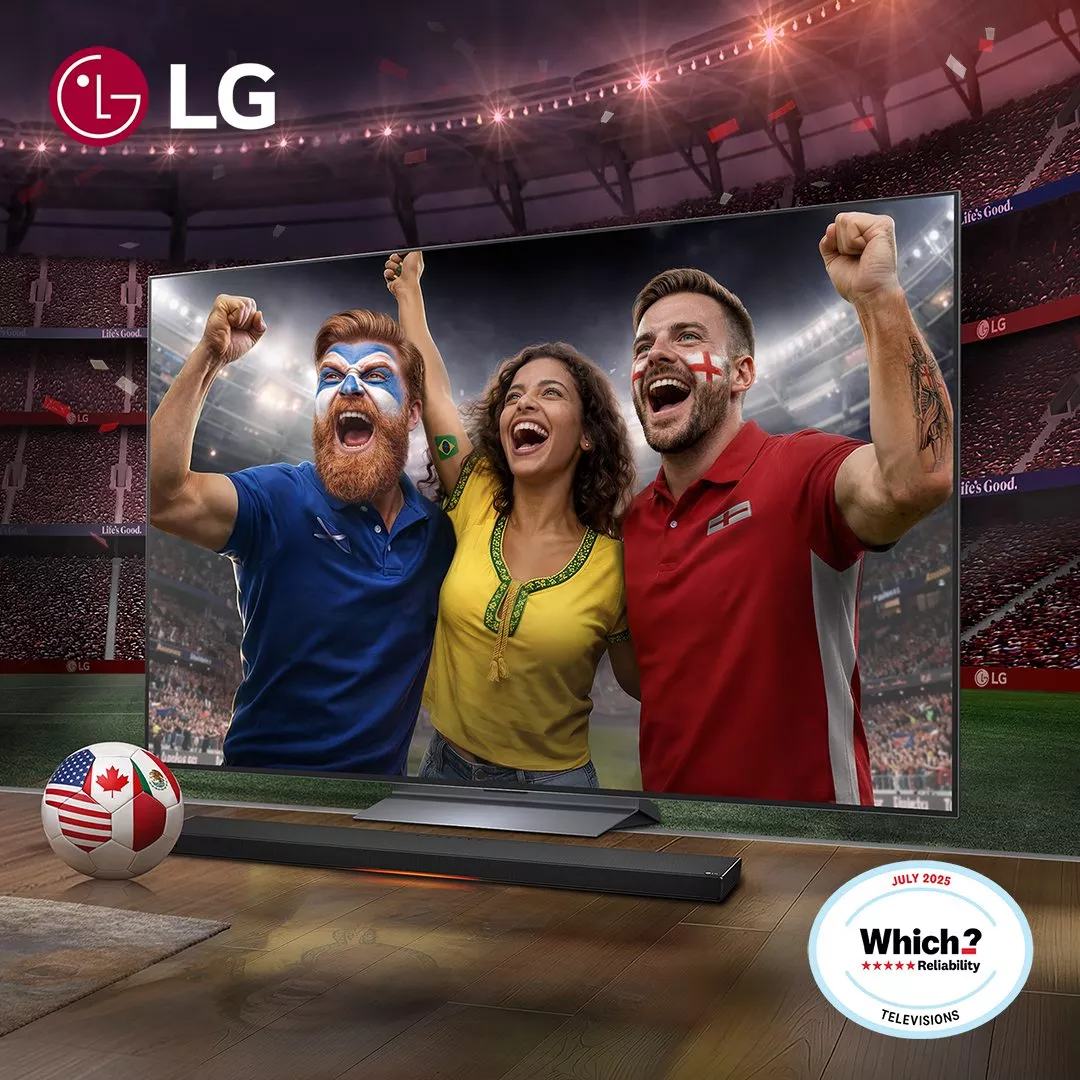 Football fans cheering on a large 4K TV in a stadium scene, with face paint, confetti and a football nearby