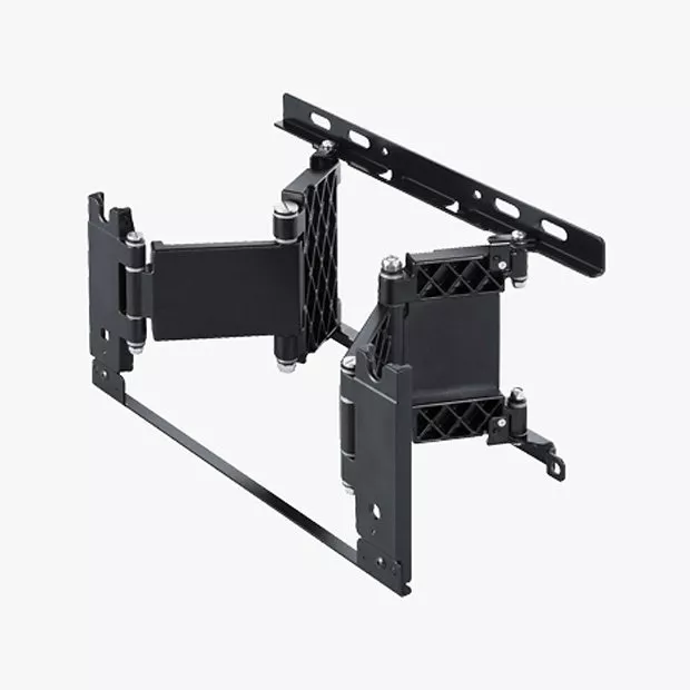 A black adjustable TV wall mount bracket with swivel arms, designed for secure and flexible screen positioning.