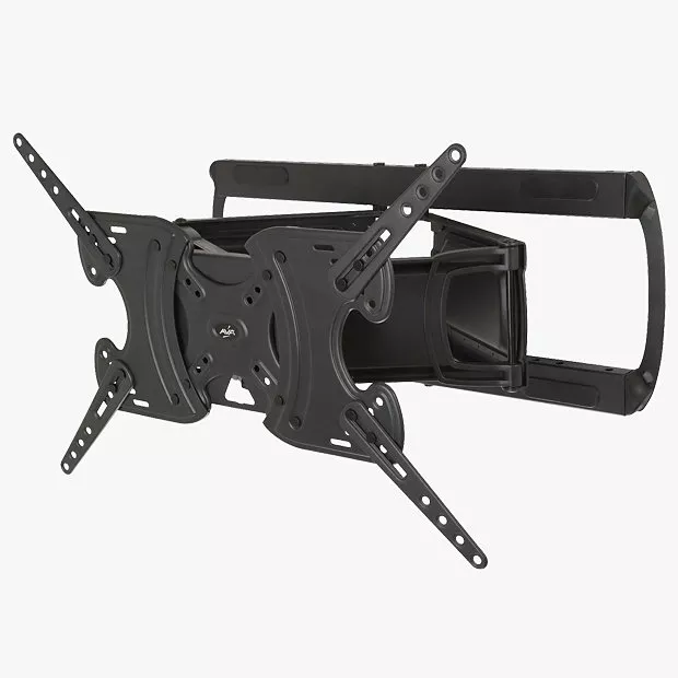 A black adjustable TV wall mount bracket with extending arms and multiple attachment points.
