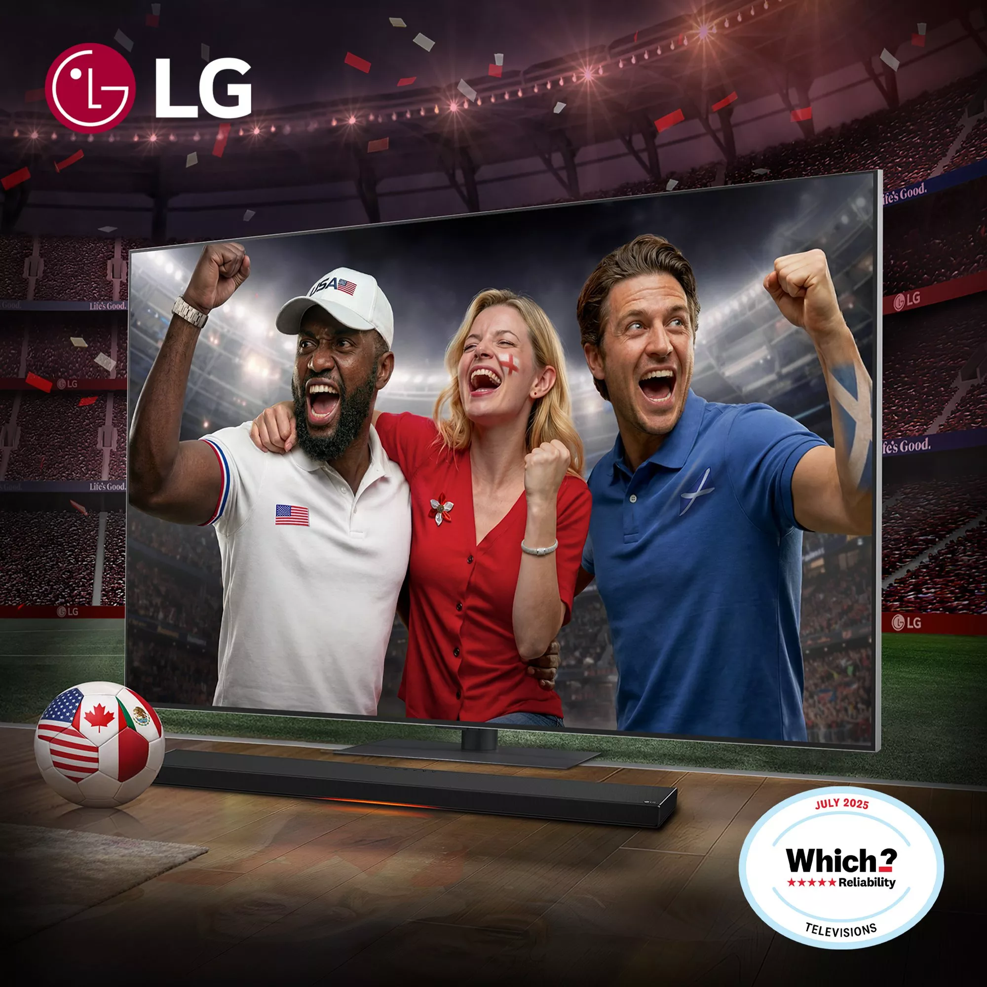 Football fans cheering in a stadium on a large 4K TV with soundbar, celebrating live match action at home