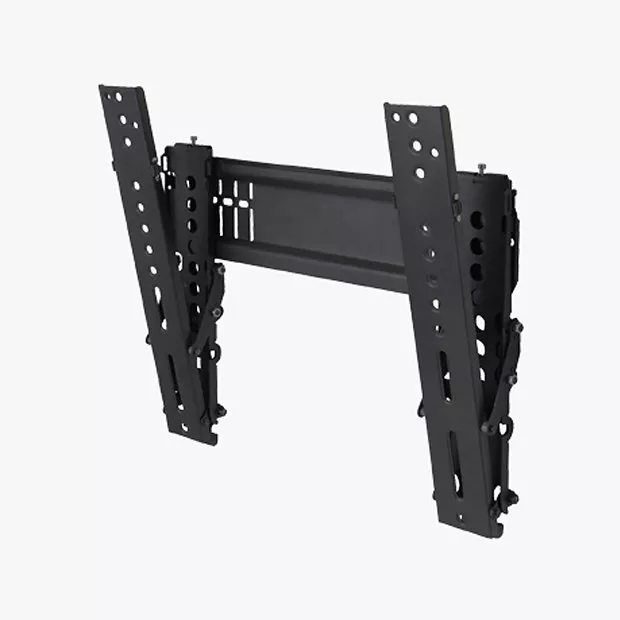 Black TV wall mount bracket with adjustable arms, featuring multiple holes for flexible installation options.