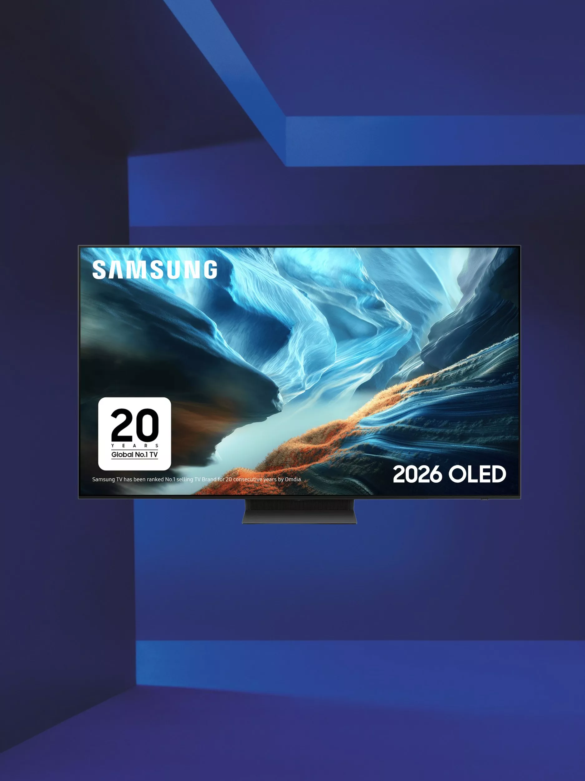 Samsung 2026 OLED TV on stand displaying vivid canyon landscape, with 20 years Global No.1 TV badge on screen