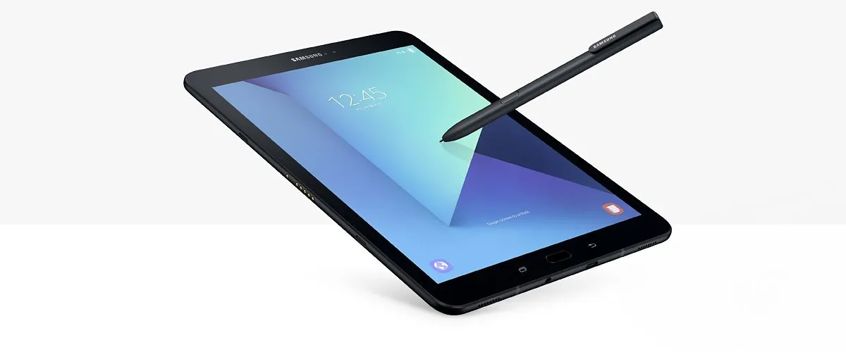 Samsung Galaxy Tab S3 tablet with S Pen stylus on screen, angled view on a white background