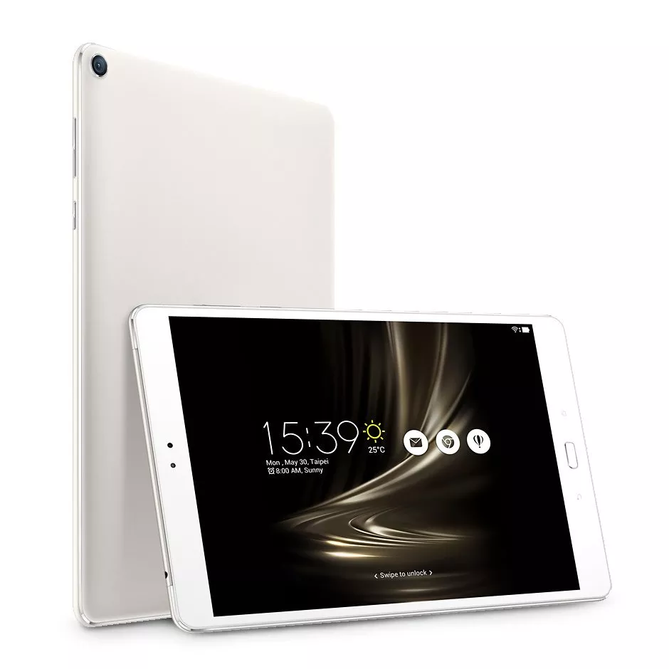 White tablet computer front and back view, slim design with camera, ideal for browsing, streaming and work