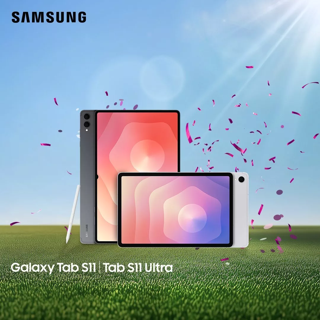 Samsung Galaxy Tab S11 and Tab S11 Ultra tablets with S Pen on grass, confetti and bright sky backdrop
