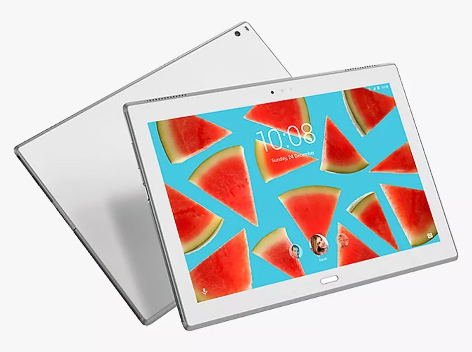 Two tablets, one showing a vibrant watermelon wallpaper with time and date, the other displaying its sleek back design.