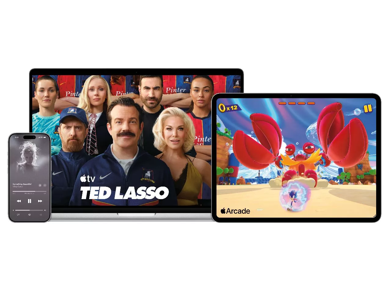 Apple TV+ streaming on Apple TV, iPad, iPhone and MacBook, showing Hijack, The Morning Show and The Studio