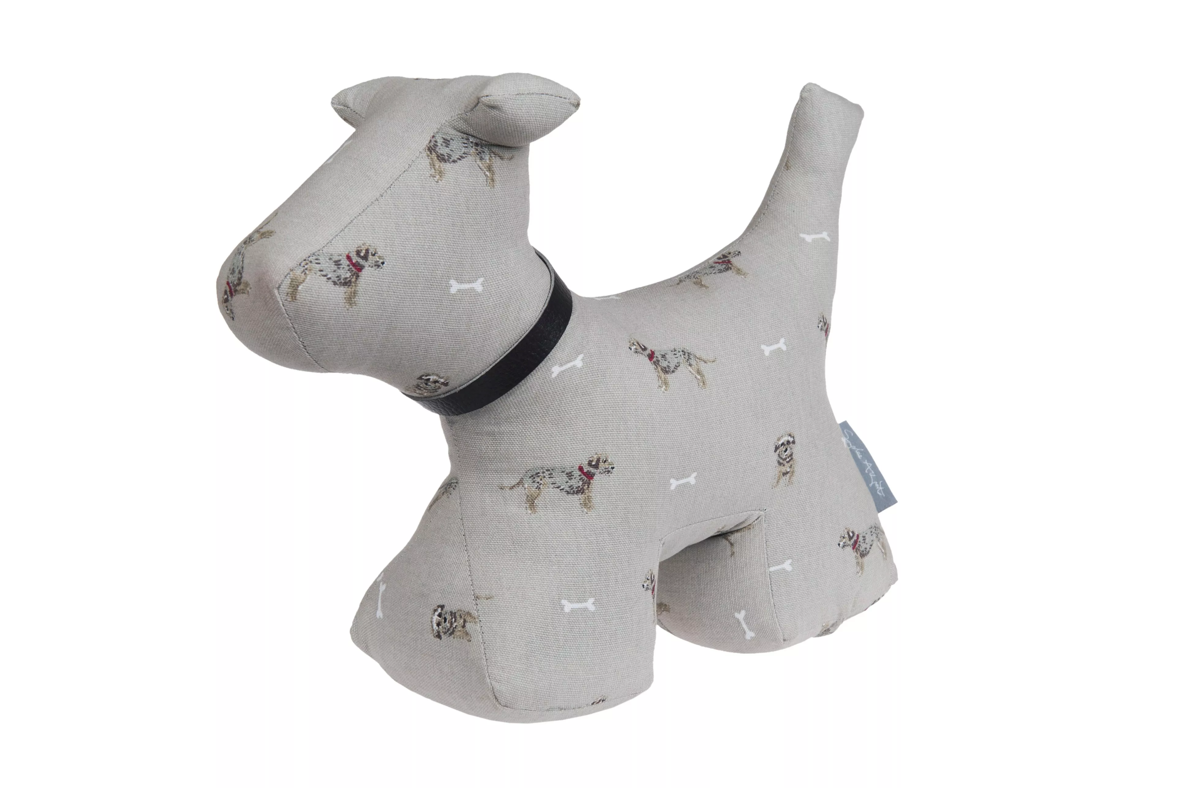 Grey fabric dog doorstop with black collar, featuring dog and bone print, ideal for holding doors open