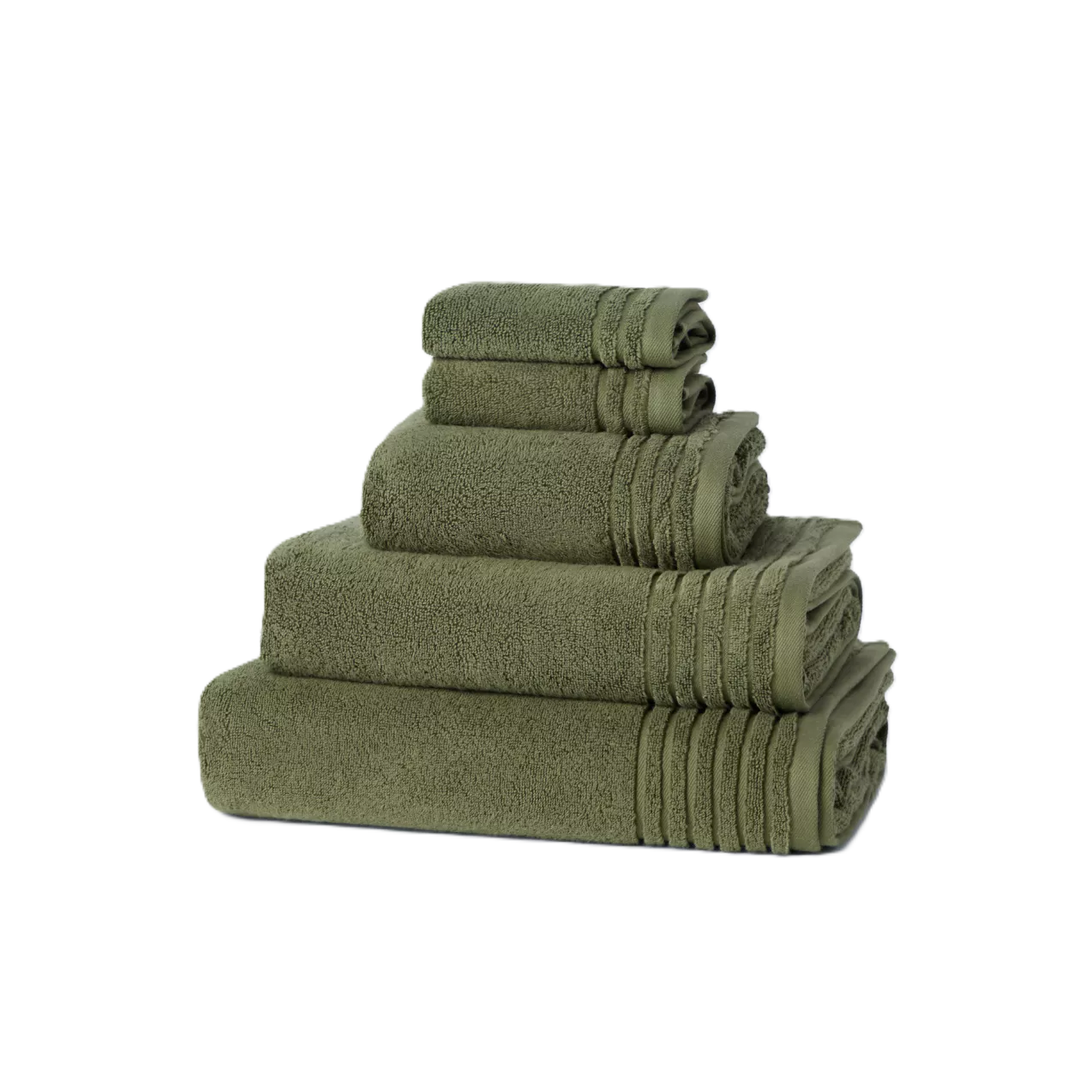 Stack of olive green cotton bath towels folded neatly on a white background, soft absorbent bathroom linen set