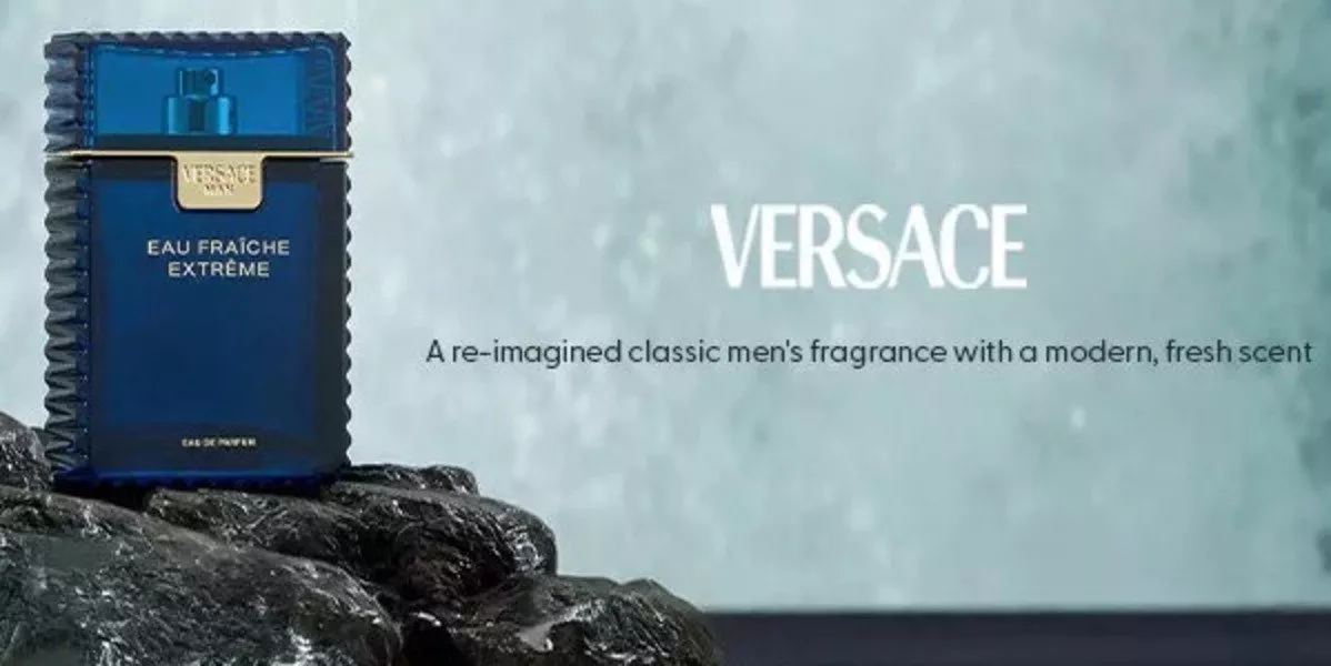A brand image showing Versace fragrance product with scenic backdrop.