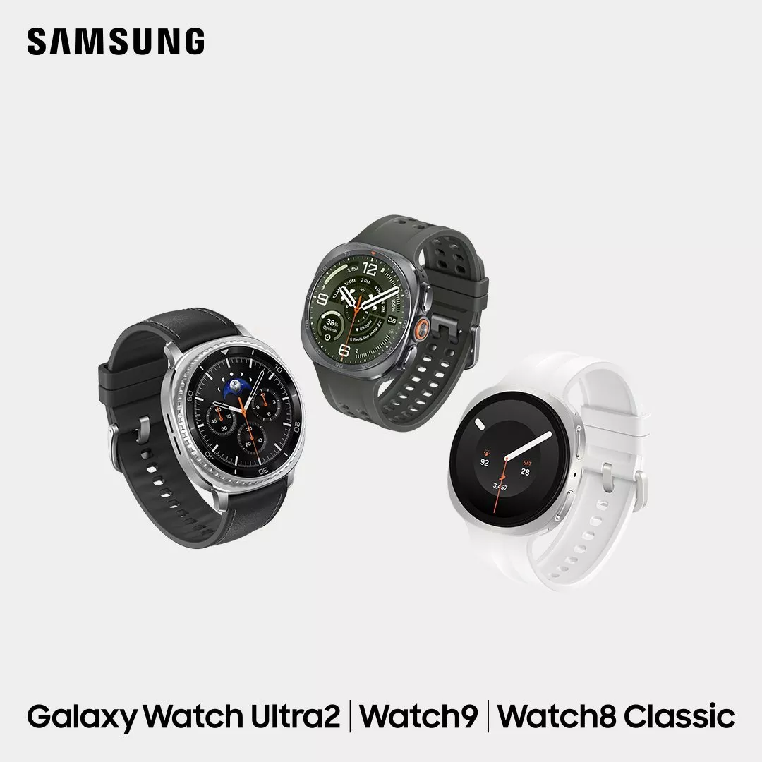 Three Samsung smartwatches—Galaxy Watch Ultra2, Watch9, and Watch8 Classic—displayed in a triangular layout against a plain light gray background.