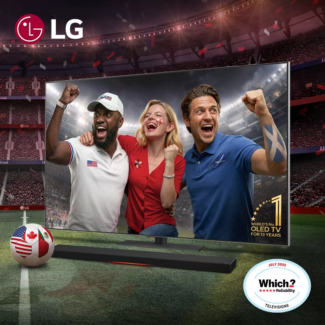 Football fans cheering on a large 4K TV in a stadium scene, with face paint, confetti and a football nearby