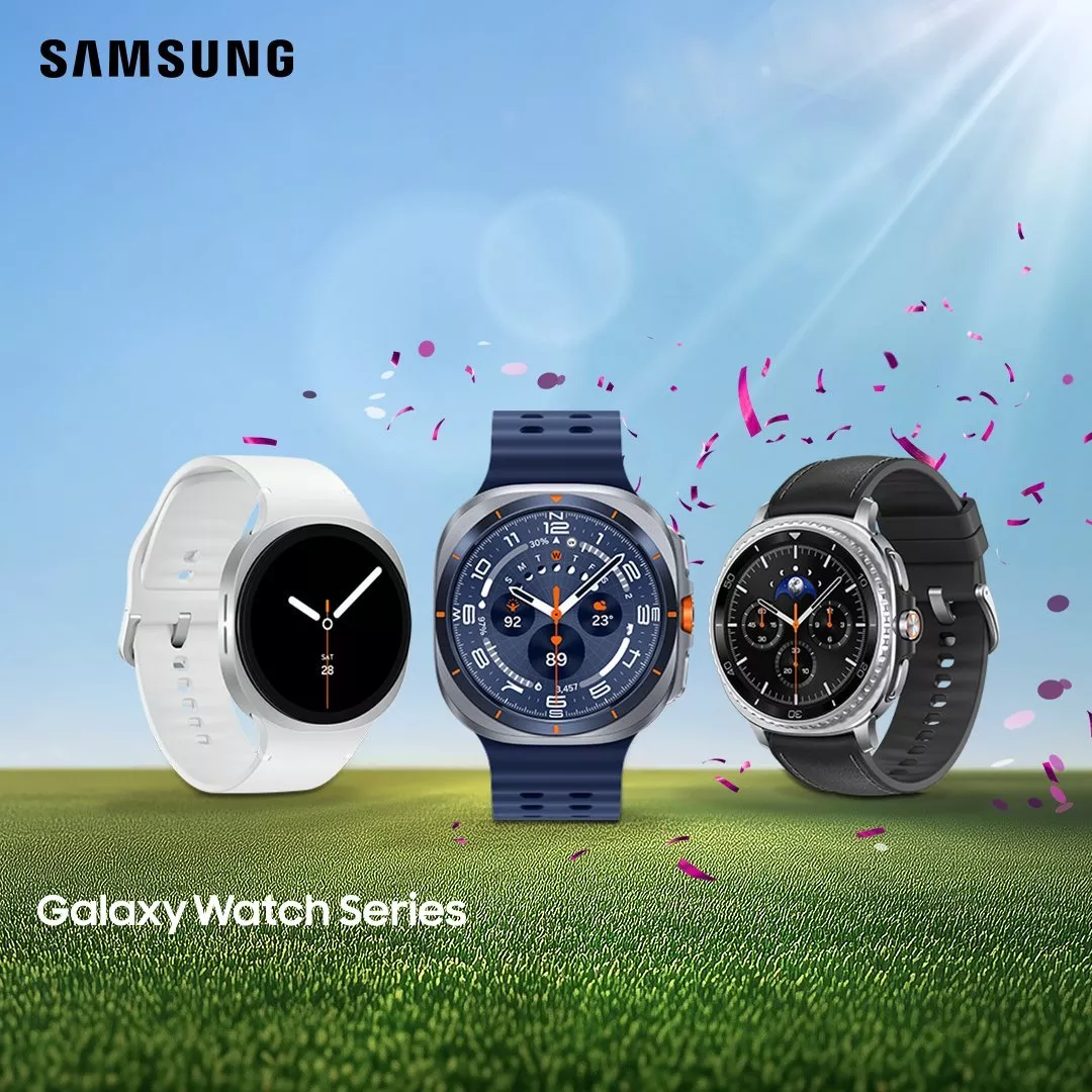 Samsung Galaxy Watch Series advert showing three smartwatches with Galaxy AI branding on a white background
