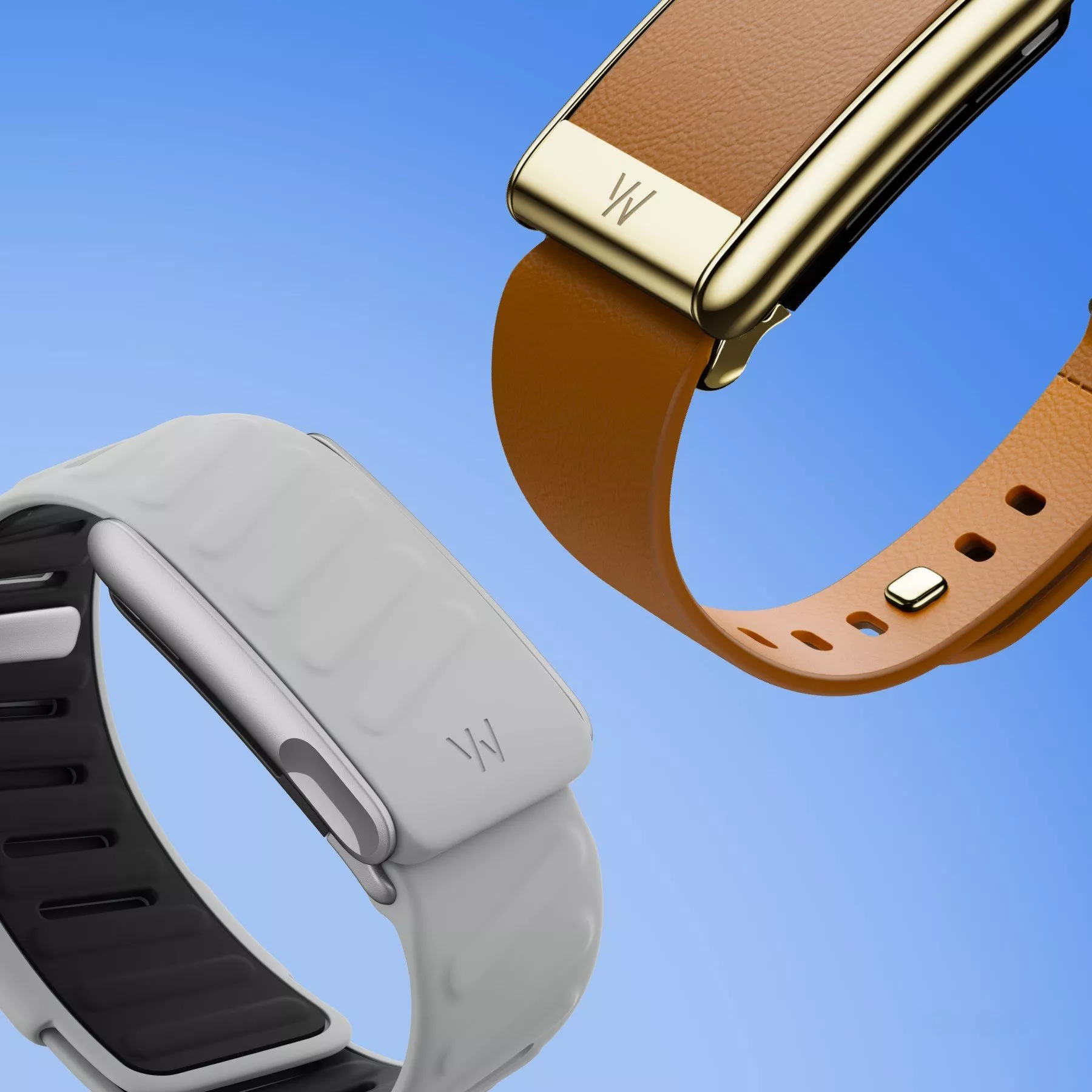Two stylish smartwatches with sleek bands, one in white silicone and the other in brown leather, on a blue background.