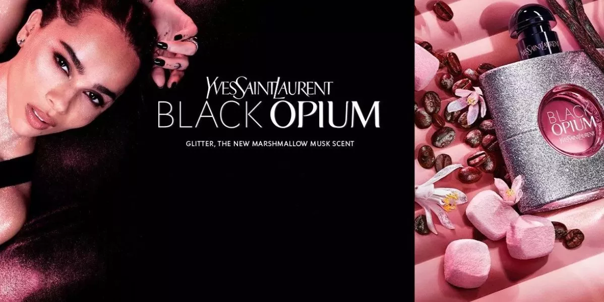This is banner for Yves Saint Laurent with a model and the Black Opium fragrance