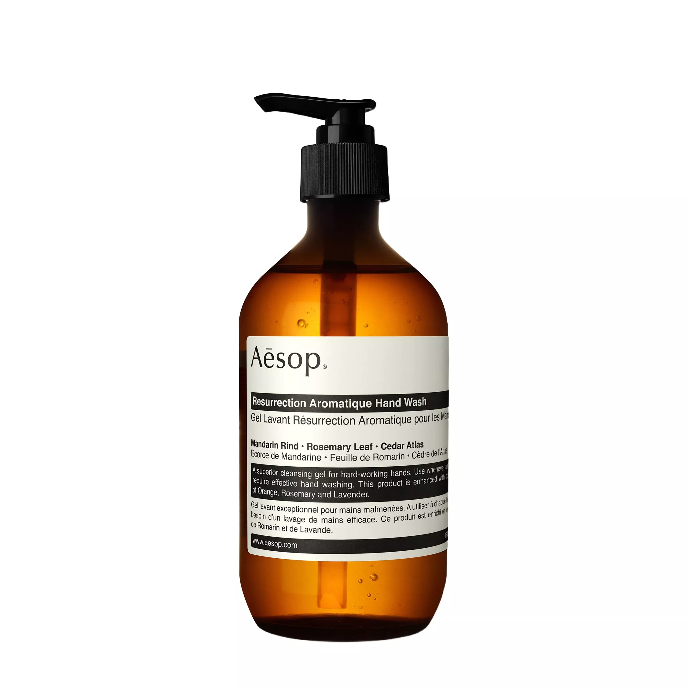 Aesop Resurrection Aromatique Hand Wash bottle with pump dispenser, amber glass packaging on white background