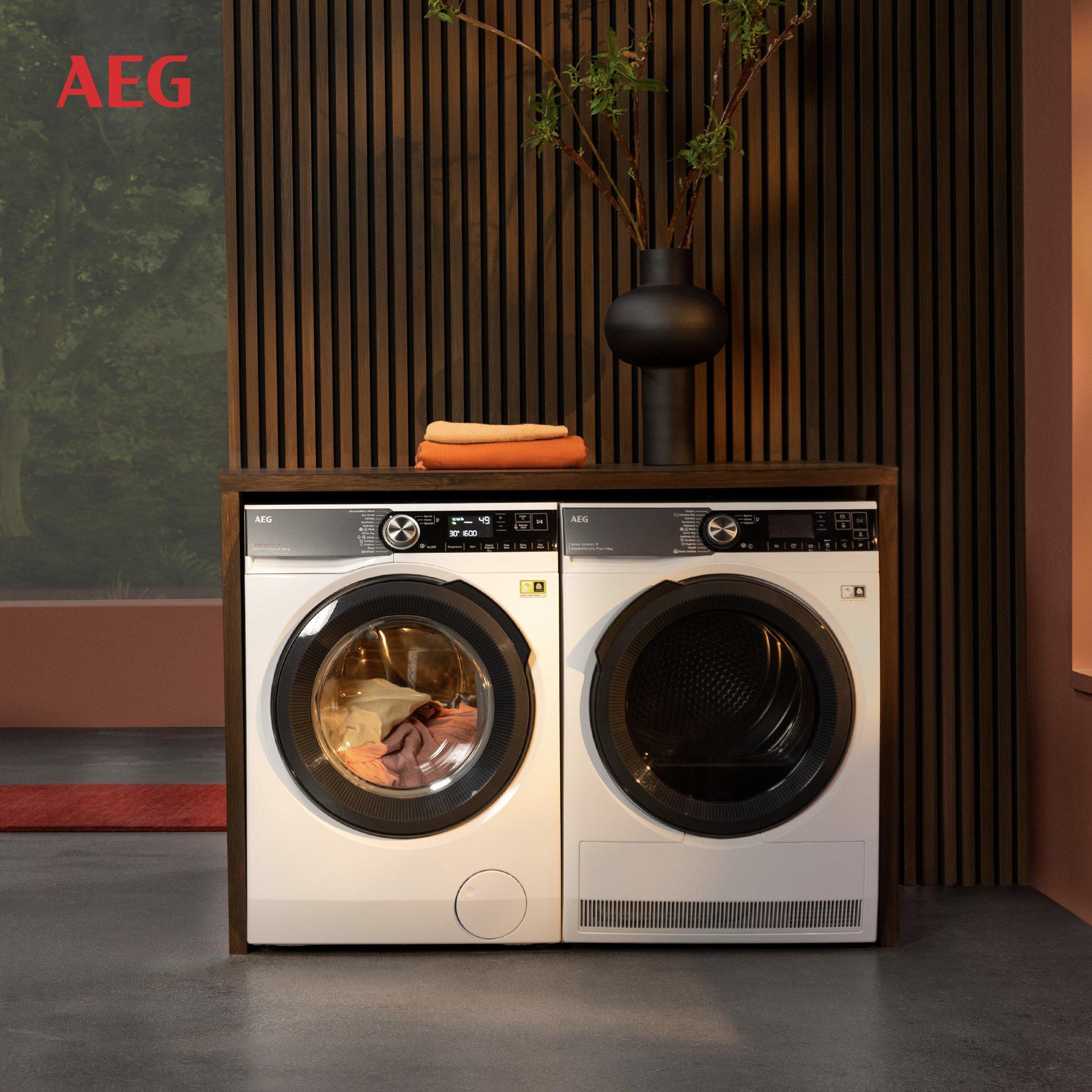 age front loading washing machines placed side by side within a wooden cabinet with a black decorative vase holding a plant on it