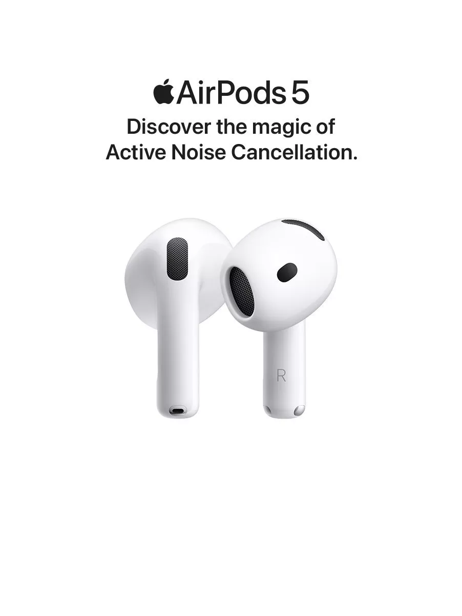 Apple AirPods 5 advert showing white wireless earbuds with Active Noise Cancellation on a clean white background