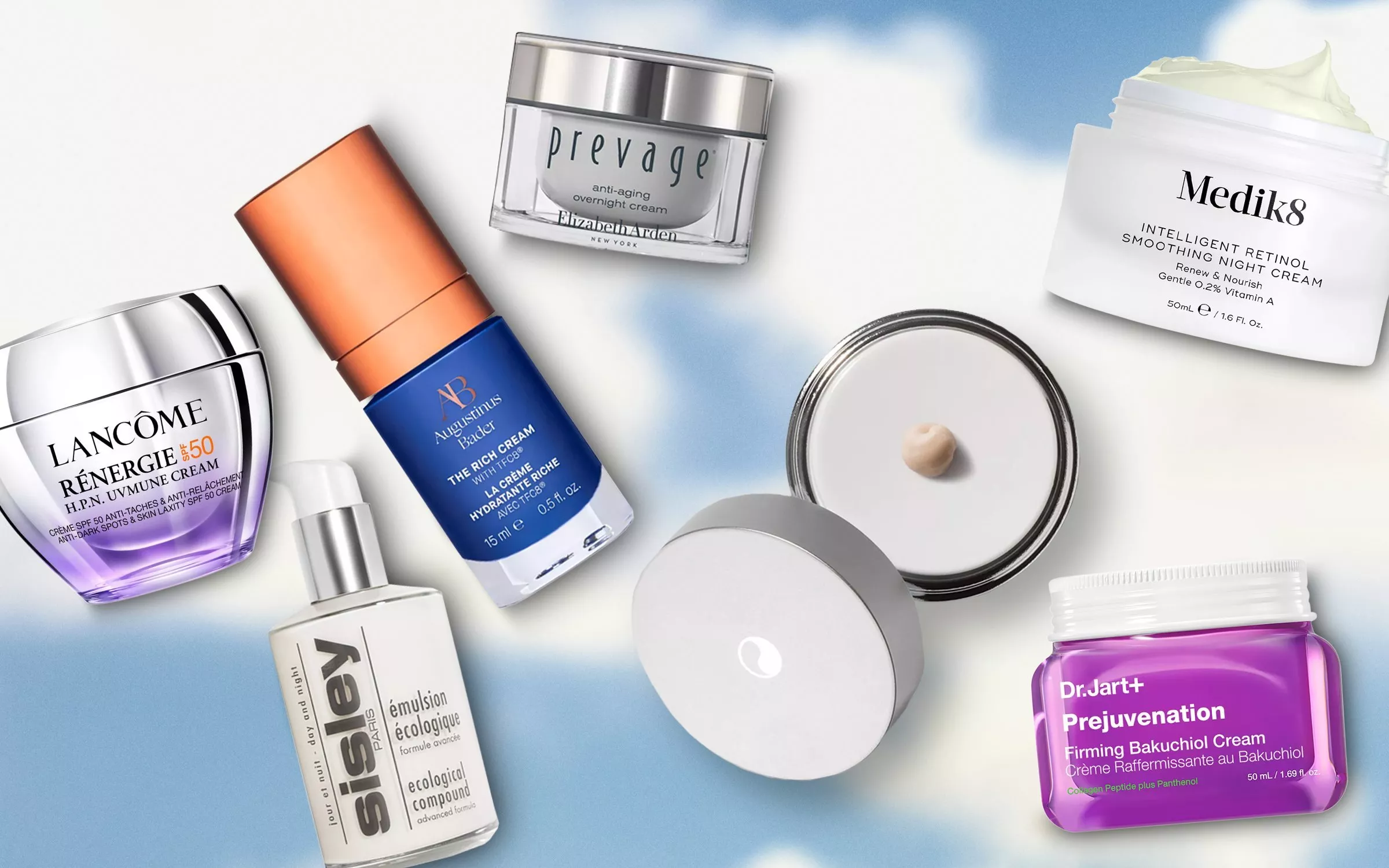 Array of luxury skincare products on a cloud background, showcasing diverse creams and serums.