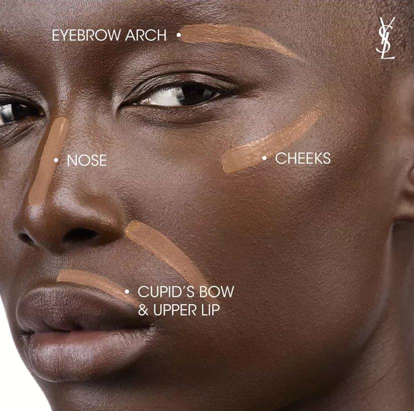 Image of a model wearing different lines of highlighter on her face