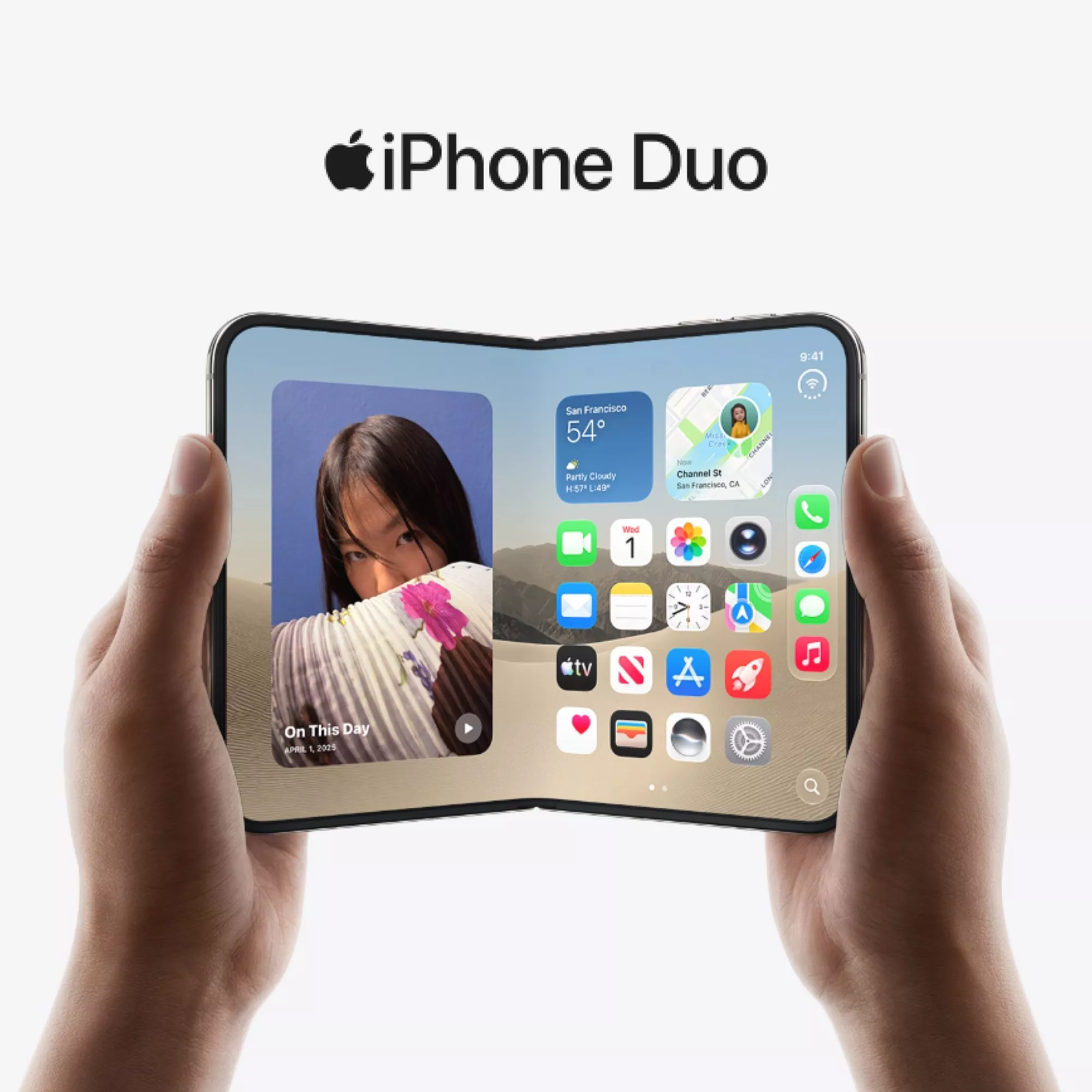 Apple iPhone Duo foldable smartphone held open, showing iOS home screen, widgets and app icons on dual display