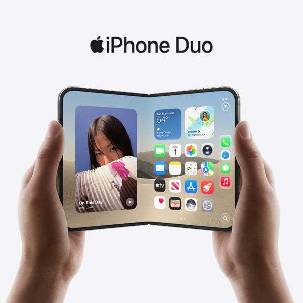 Hands holding iPhone Duo foldable smartphone mock-up showing home screen apps, widgets and split display design