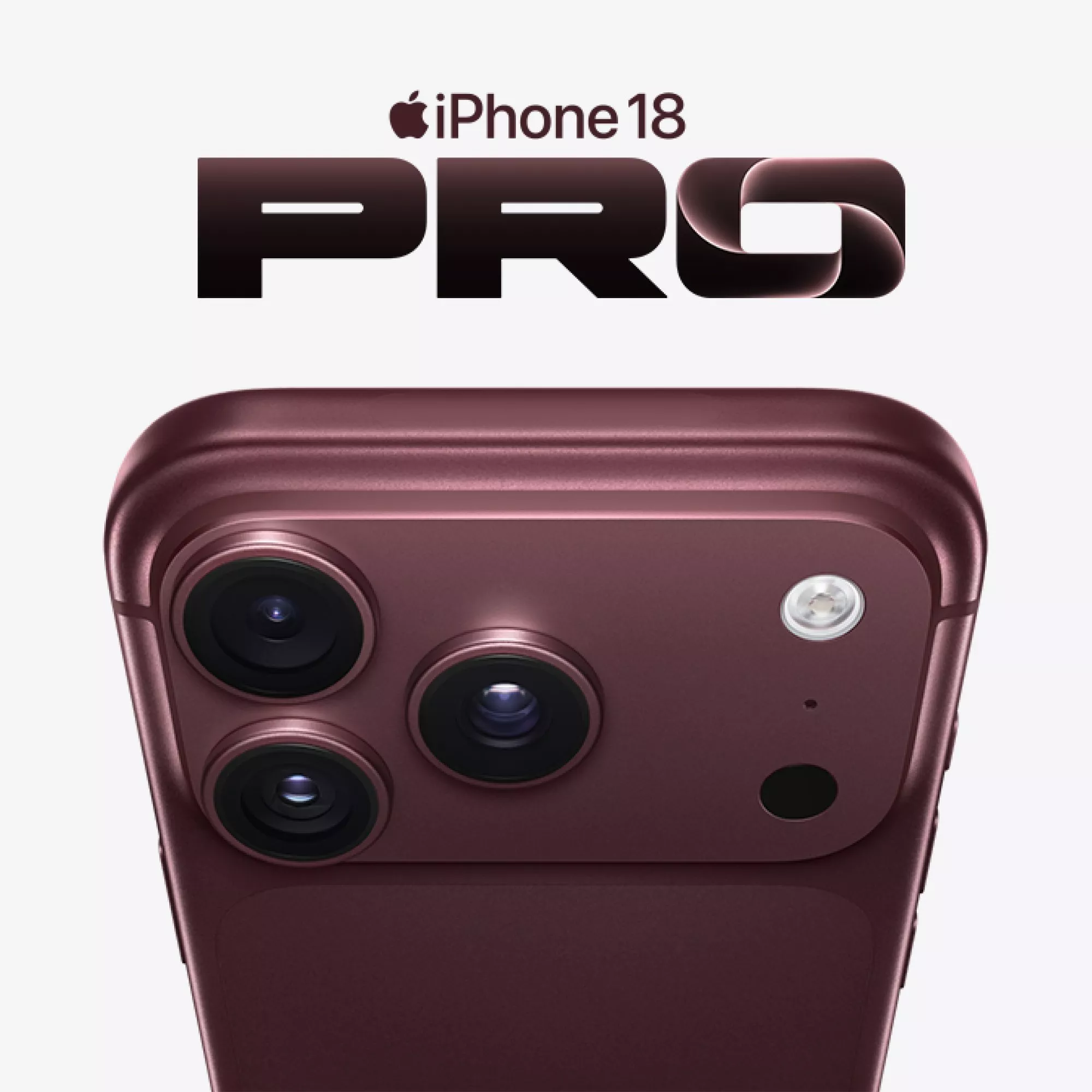 Apple iPhone 18 Pro promo image showing rear triple-camera module in burgundy finish on a white background